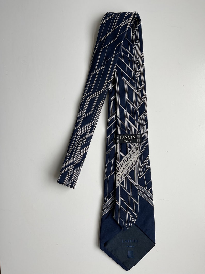 Vintage Lanvin Silk Tie Blue, White, Grey Geometric Design Made in France Bild 3