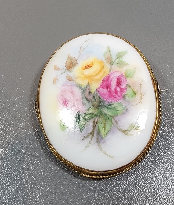 Floral brooch porcelain floral bouquet oval victorian