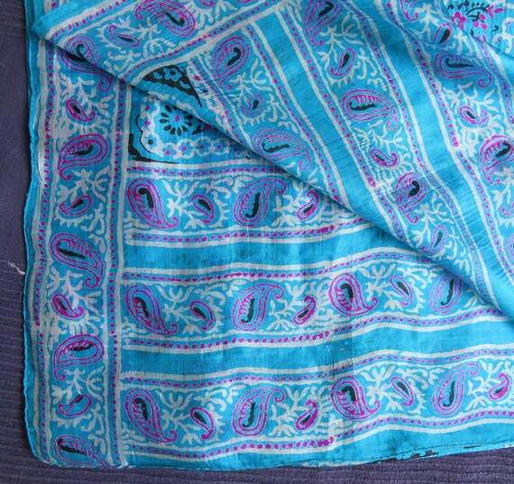 Aqua and Pink Silk Paisley scarf Hand printed OBL… - image 6