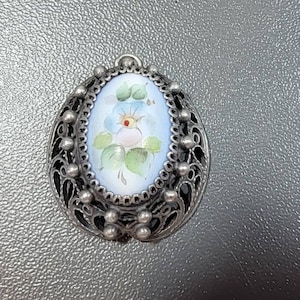 enamel pendant romantic floral design sterling silver filigree