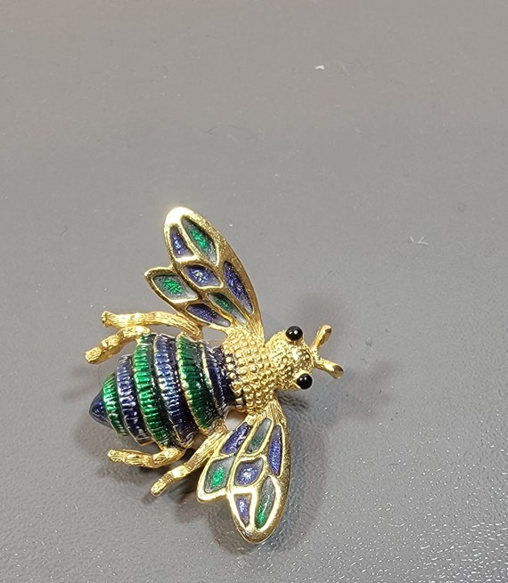 Bee brooch blue gree  enamel Gold Plated queen bee