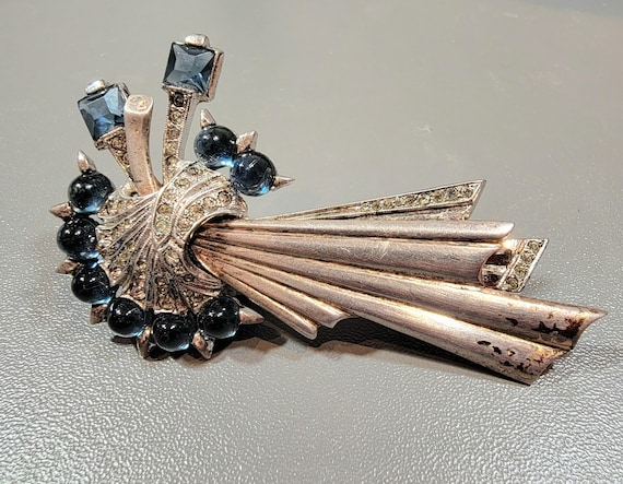 art deco brooch sterling silver blue rhinestones large layered