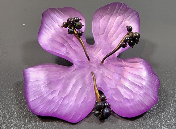alexis bittar floral brooch  lucite pearls purple