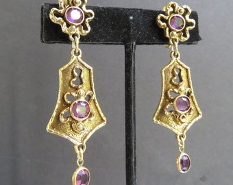Rhinestone earrings Purple dangles gold tone Goldette Abstract flowers