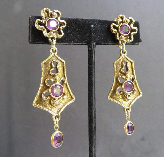 Rhinestone earrings Purple dangles gold tone Goldette Abstract flowers