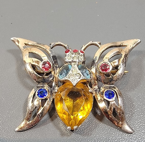 Antique butterfly brooch reja multi color rhinestones