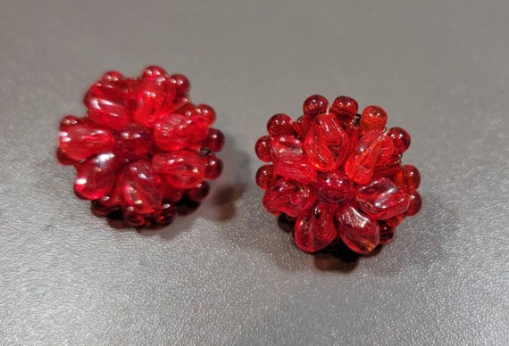 red glass bead earrings clip on flower shaped