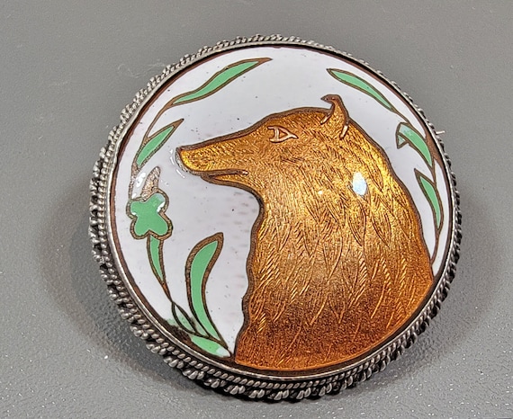 Dog brooch collie spitz antique enamel sterling silver copper