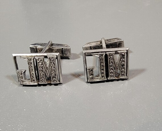 sterling cufflinks marcasite sparkle monogram JM rectangular