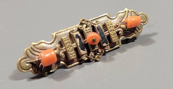 coral brooch Gold tone metal brass Victorian antique