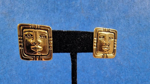 Laurel Burch earrings gold tone mask face pierced square tribal