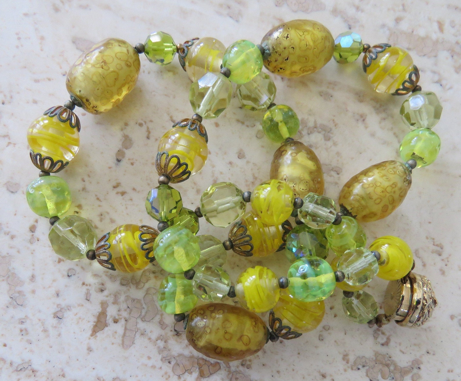 Yellow Glass Bead Necklace Acid Green Vaseline Art Glass Etsy