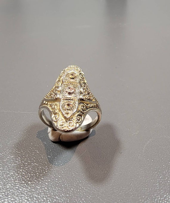 rhinestone engagement ring three stone silver tone