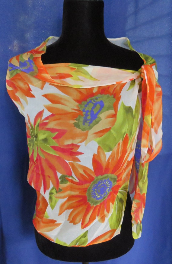 silk scarf large floral scarf Square Orange purple - image 2