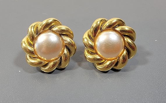 Chanel Earrings gold tone clip on pearl paris france