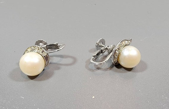 pearl and rhinestone earrings silver tone clips wedding bride party