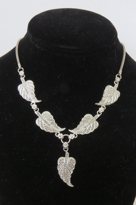 Antique necklace sterling silver marcasite dangle drop leaf