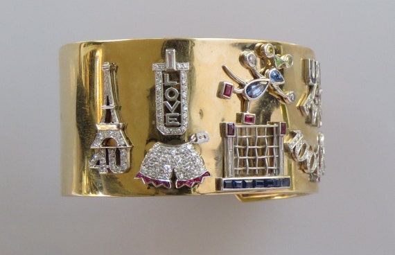 GOLD CUFF bracelet Art deco charms Sweetheart char