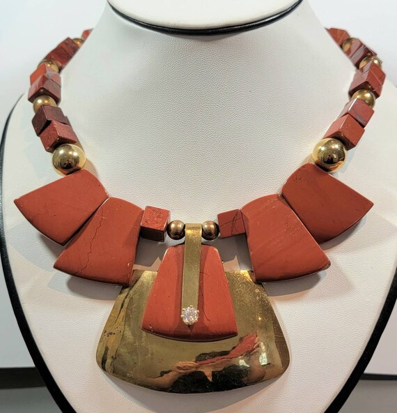 bib necklace massive jasper brass and cubic zirco… - image 5