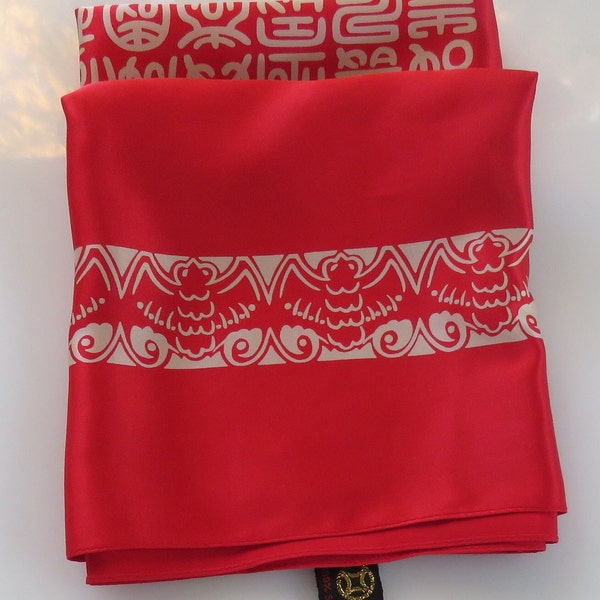 Pañuelo de seda rojo con motivo de murciélago y caracteres chinos, cuadrado, buena suerte, murciélagos