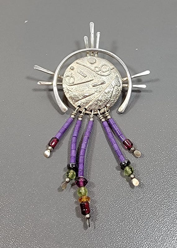 Concho style brooch sterling silver stone dangle fringe