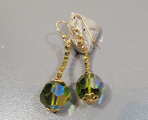 rhinestone earrings dangle drop green peridot pierced