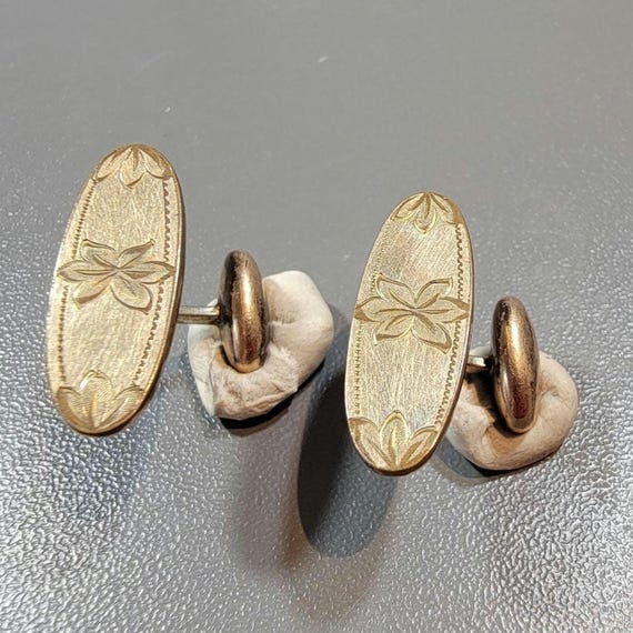 antique cufflinks gold filled or rolled gold etched flower oval