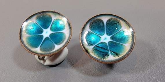 copper earrings vintage mcm enamel hogan bolas blue abstract