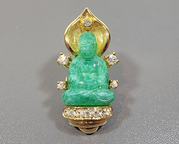 buddha brooch rhinestones green faux jade - image 1