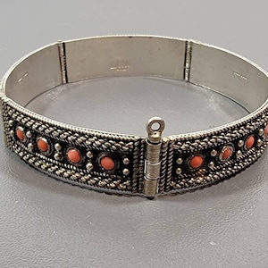 coral bracelet etruscan revival bracelet  cabochons bangle hinged links