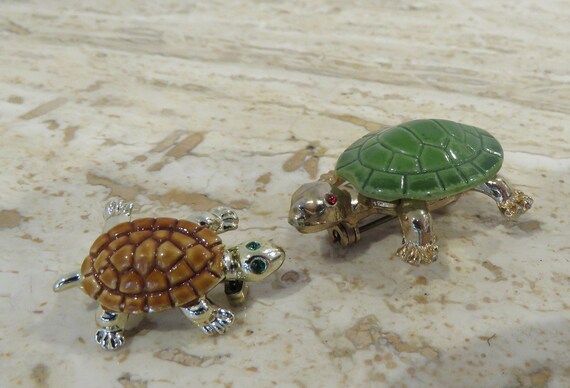Turtle brooch green shell brown shell vintage tor… - image 4