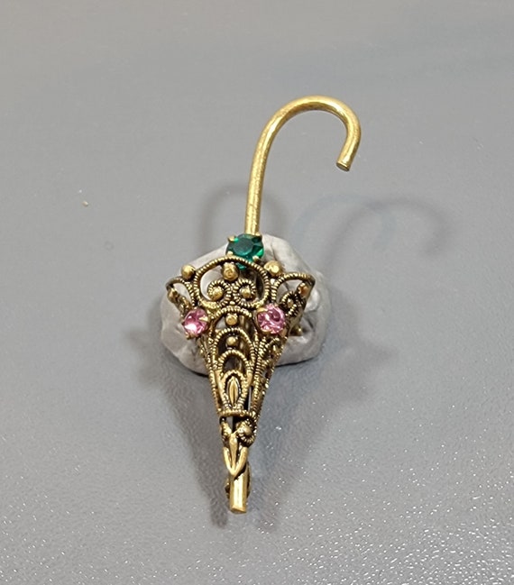 umbrella brooch rhinestones and filigree vintage
