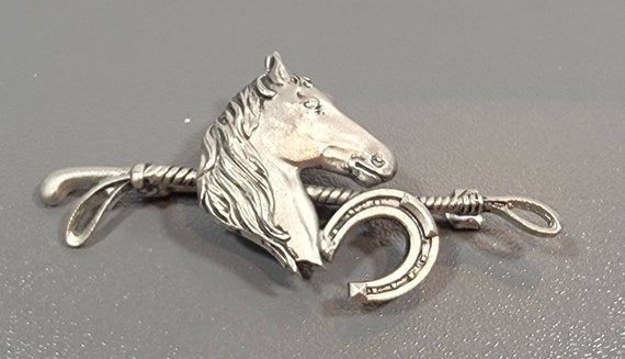 Horse brooch sterling silver whip horse shoe - image 1