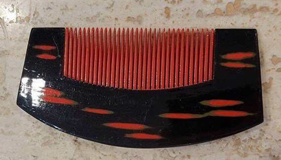 Japanese hair comb modern black red green lacquer… - image 8