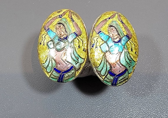 enamel cufflinks India Bharatnatyam dancers yellow and blue