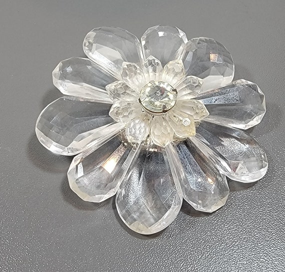 flower brooch clear lucite plastic large blossom rhinestone petals briolettes