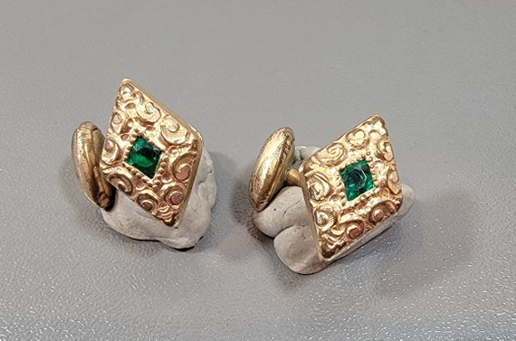 antique cufflinks diamond shaped green rhinestones victorian stones
