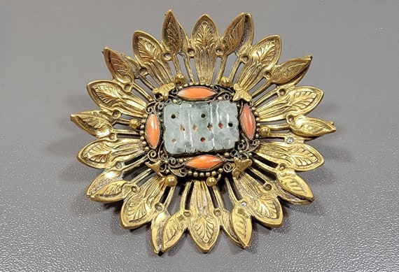 deco brooch jade and coral large floral brass