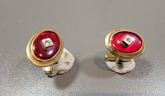 ruby glass cabochon cufflinks vintage 1940's gold filled oval crystal accented
