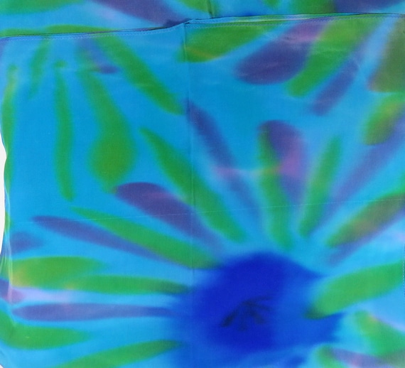 Blue silk scarf green tie dye design handmade big and oblong