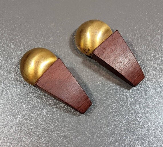 Art deco dress clips pair wood and brass geometric shaped design