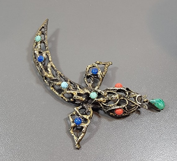flying fish brooch large antique gold tone metal multi color stones