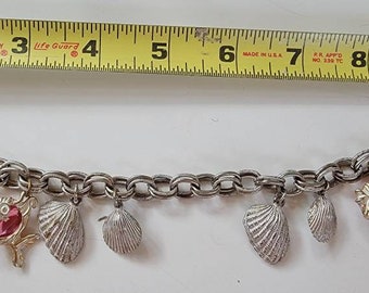 sea life pendant charm bracelet Pisces fish shells rhinestones silver tone