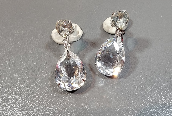 Rhinestone earrings pear shape dangles screw on sterling silver findings