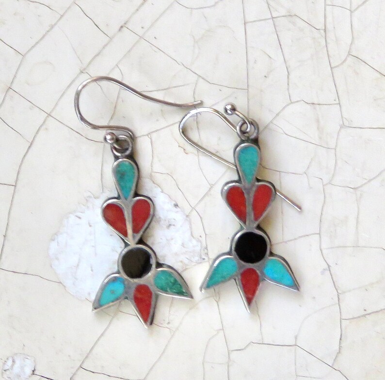 Zuni channel inlay earrings turquoise coral earring onyx Etsy