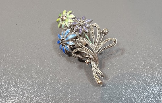 flower brooch sterling silver marcasite enamel germany