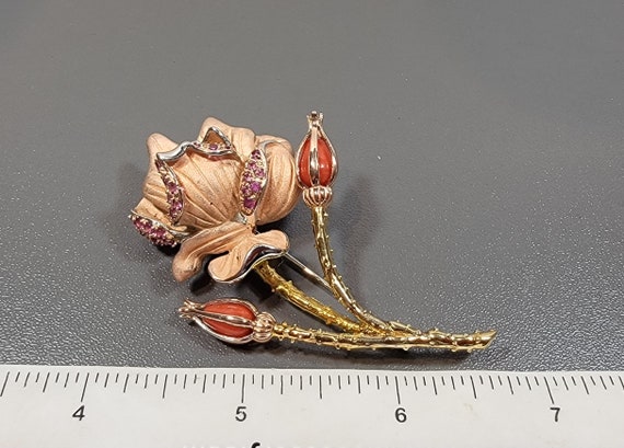 Pink Rose brooch sterling enamel crystals coral g… - image 5