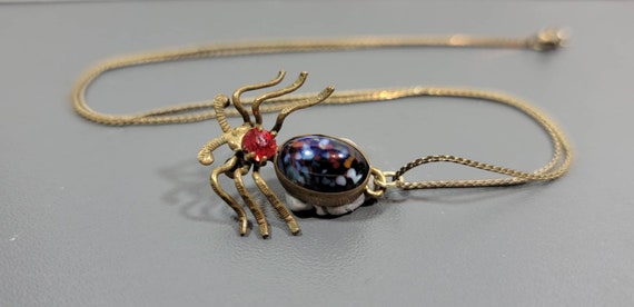 spider necklace antique brass Victorian fancy glass stone