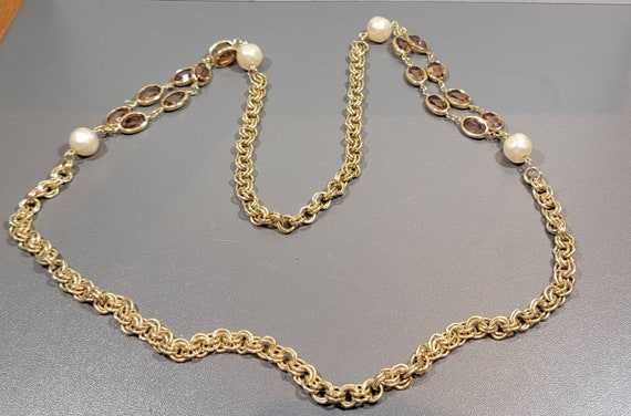 baroque pearl station necklace golden chain glass bezel stones topaz