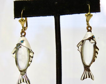 Jelly belly fish earrings Lucite oval stones white enamel details cute dangle drop